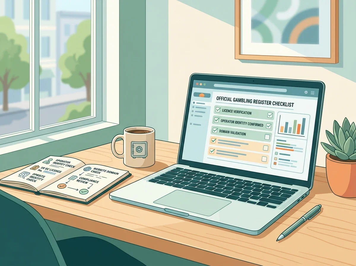 A calm desk scene with a checklist, licence register notes and a laptop showing official checks